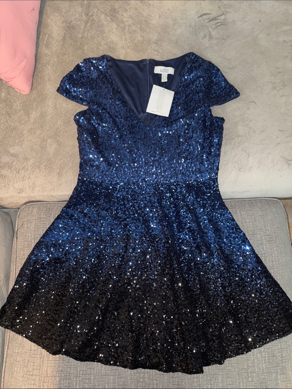 Badgley Mischka Navy and Black Sequin Fit-and-Flare Dress